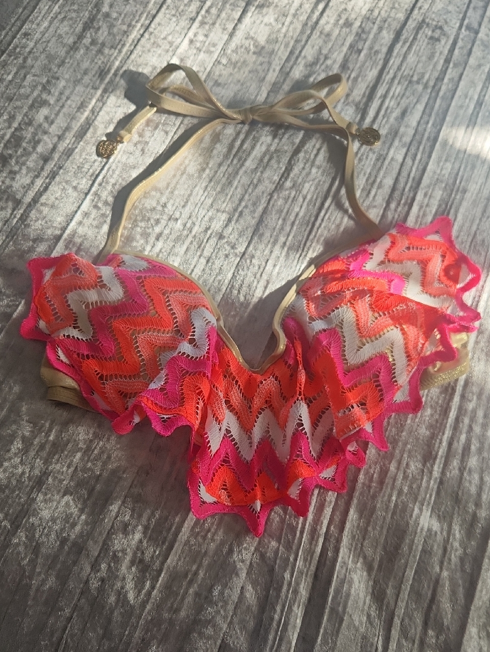 Luli Fama Pink Orange White Zigzag Ruffle Bikini Top